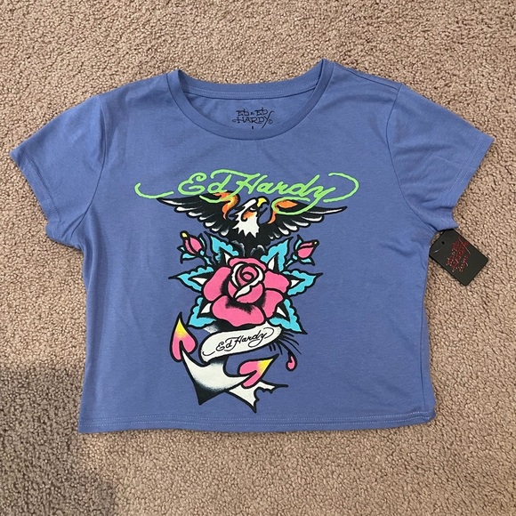 ED HARDY Pale Blue Graphic Print Crop Top Tee - Picture 1 of 9